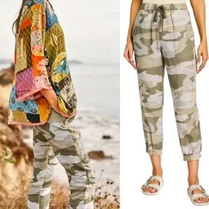 Johnny Was Sidra Linen Camo Green Embroidered Joggers, Size Small, NWT